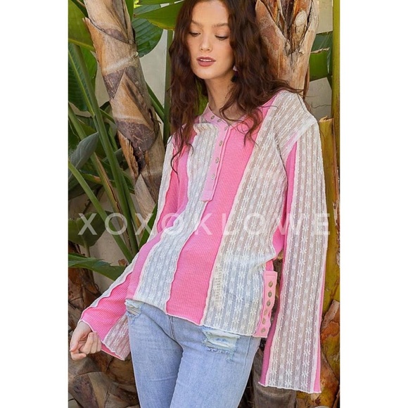 POL Bubblegum Pink + White Lace Patchwork Long Sleeve Henley Top - Picture 3 of 12